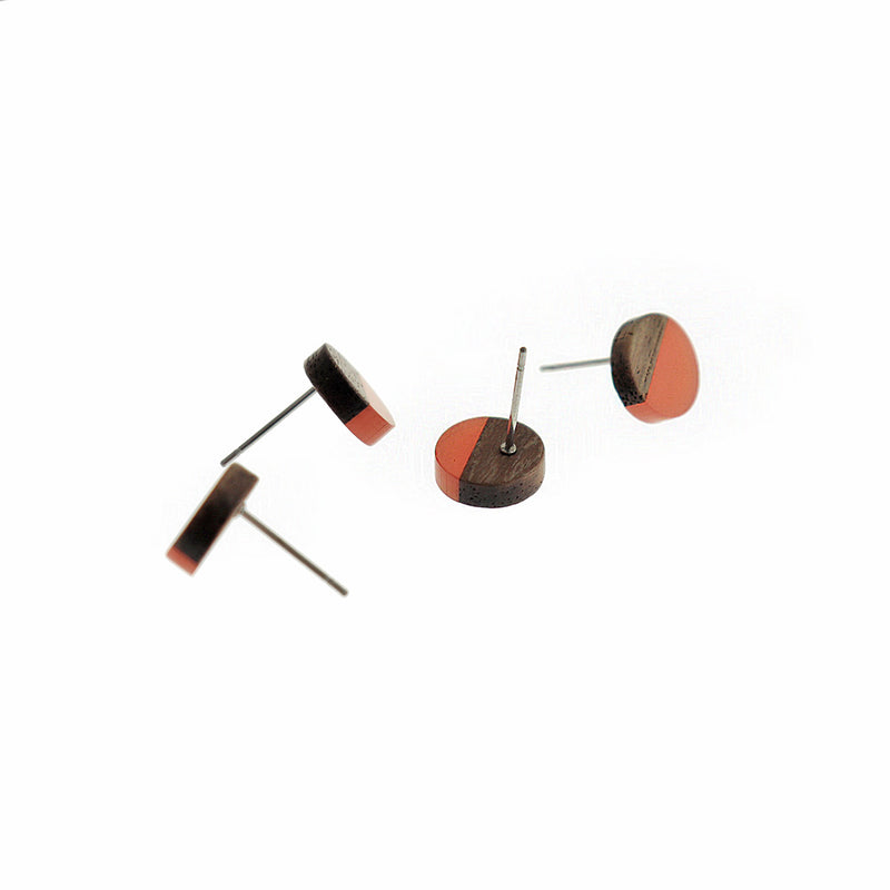 Wood Stainless Steel Earrings - Orange Resin Round Studs - 10mm - 2 Pieces 1 Pair - ER778