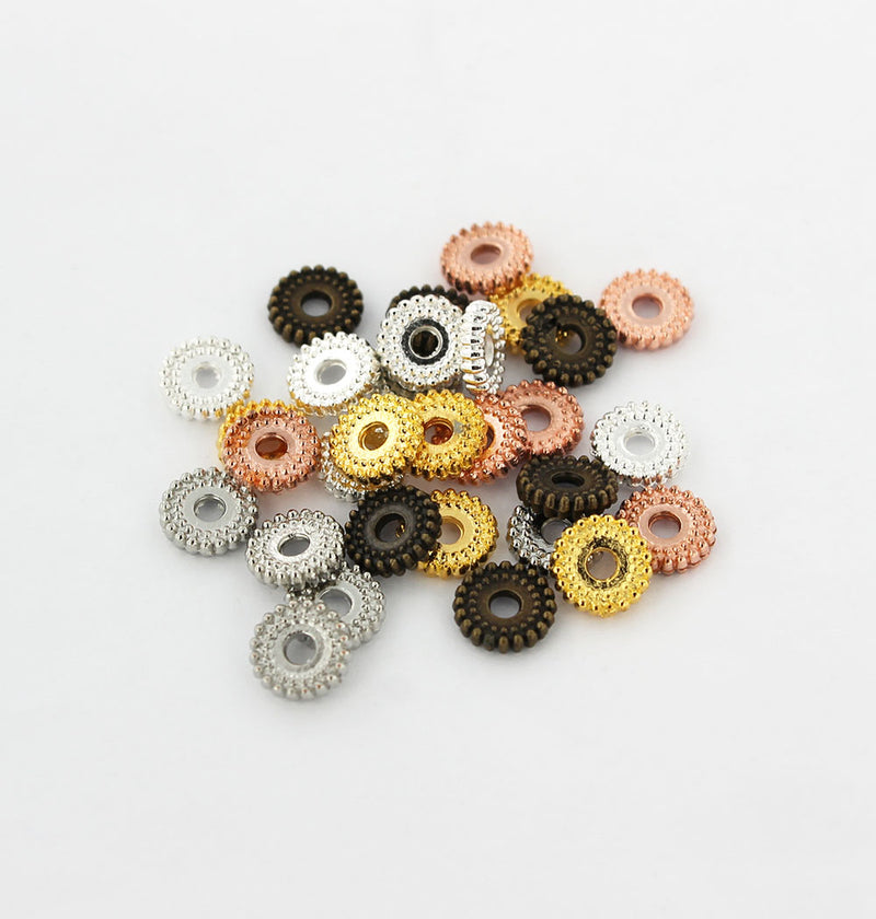 Perles d'espacement de rondelle 2mm x 7mm - Assortiment de tons argent, or, bronze et or rose - 50 perles - FD228