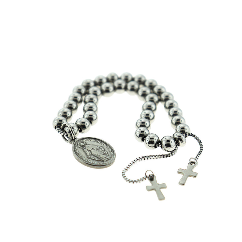 Bracelet réglable en chaîne en acier inoxydable avec perles intercalaires 9 -9,5"- 6 mm - 5 bracelets - N663