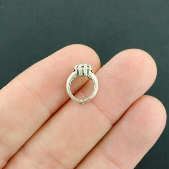5 Engagement Ring Antique Silver Tone Charms 3D With Inset Rhinestone - SC6740