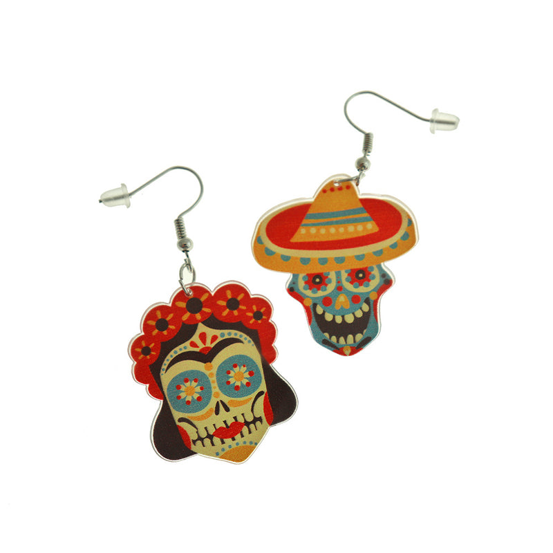 Boucles d'oreilles tête de mort florale asymétrique - Fils de crochet français - 56mm x 29mm - 2 pièces 1 paire - ER632