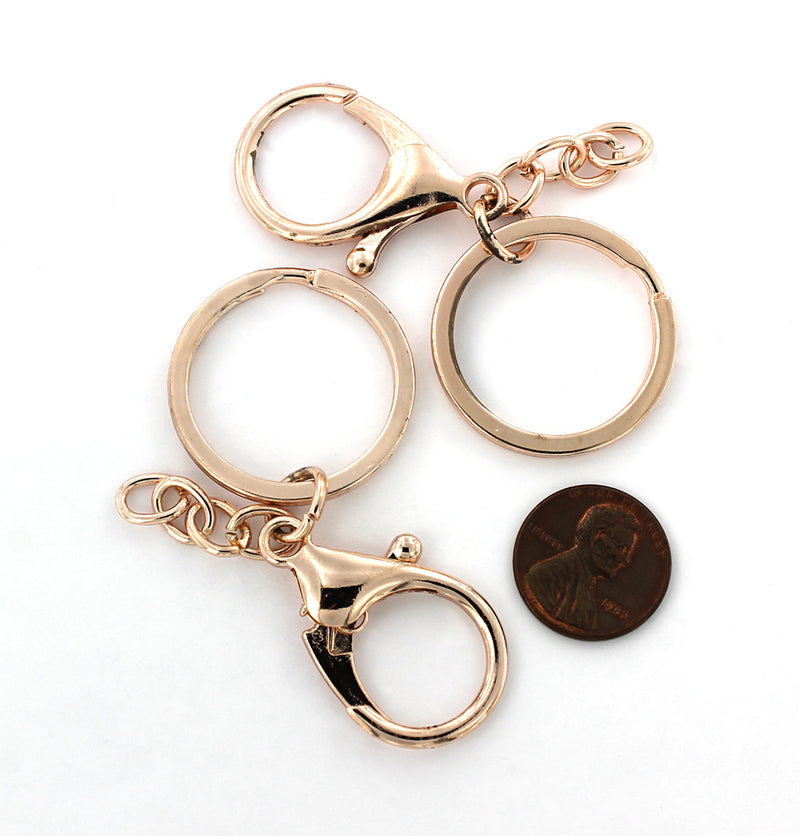 Rose Gold Tone Key Rings with Lobster Clasp and Attached Chain - 67mm x 30mm - 4 Pieces - Z706