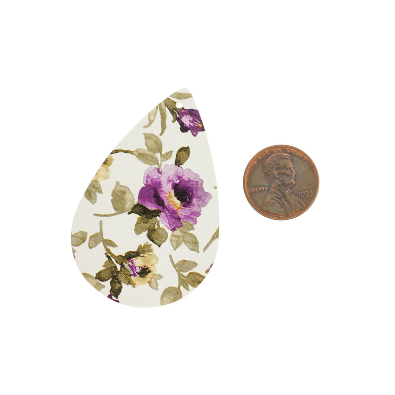 Pendentifs en forme de larme en similicuir - Fleur violette - 4 pièces - LP193