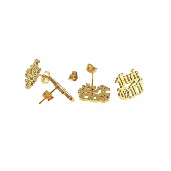 Gold Tone Stainless Steel Earrings - F*ck Off Studs - 15mm - 2 Pieces 1 Pair - ER941