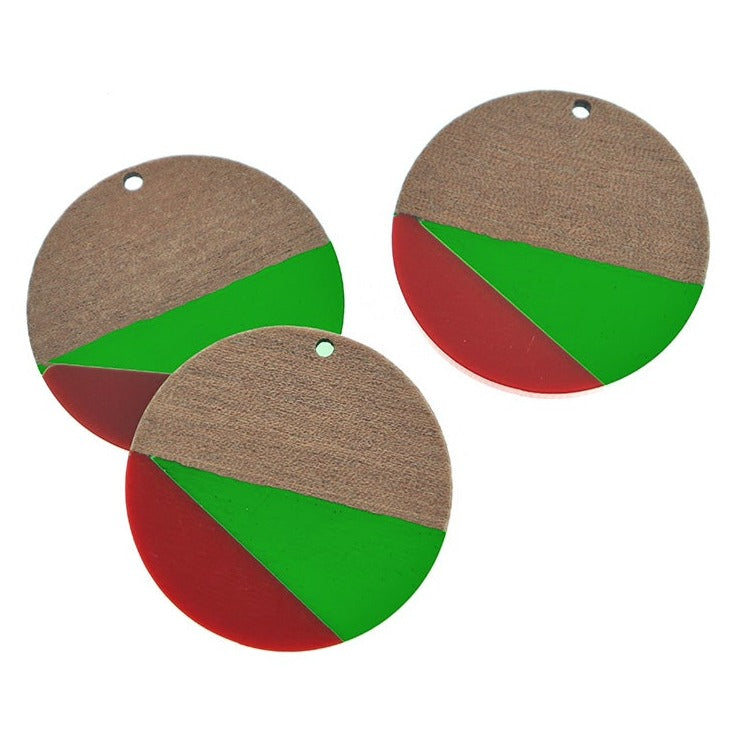 Round Natural Wood and Resin Charm 38mm - Red and Green - WP505