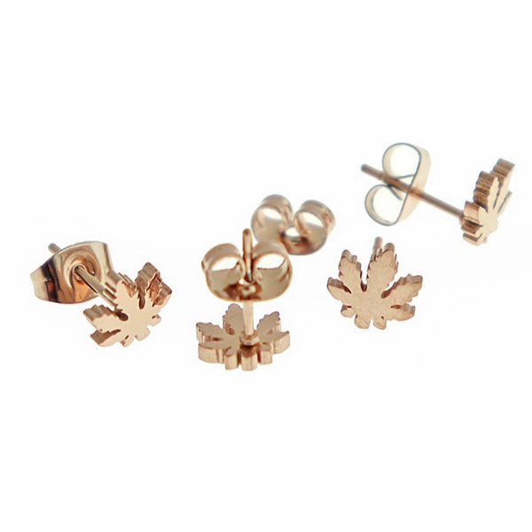 Rose Gold Stainless Steel Earrings - Weed Leaf Studs - 7mm - 2 Pieces 1 Pair - ER430