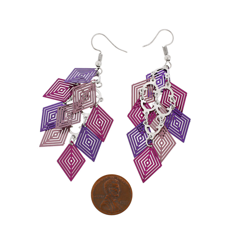 Purple Geometric Dangle Earrings - Stainless Steel French Hook Style - 2 Pieces 1 Pair - ER614