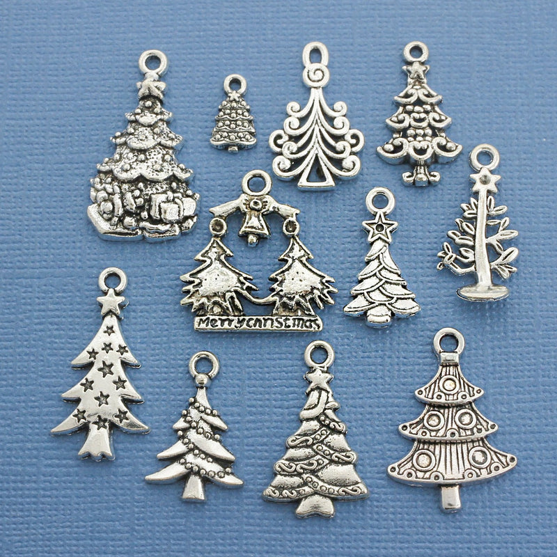 Christmas Tree Charm Collection Antique Silver Tone 11 Different Charms - COL108H