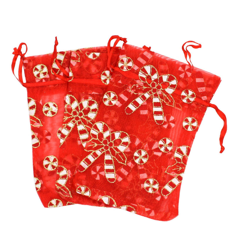 4 Candy Cane Organza Drawstring Bags 15cm x 10cm - TL180