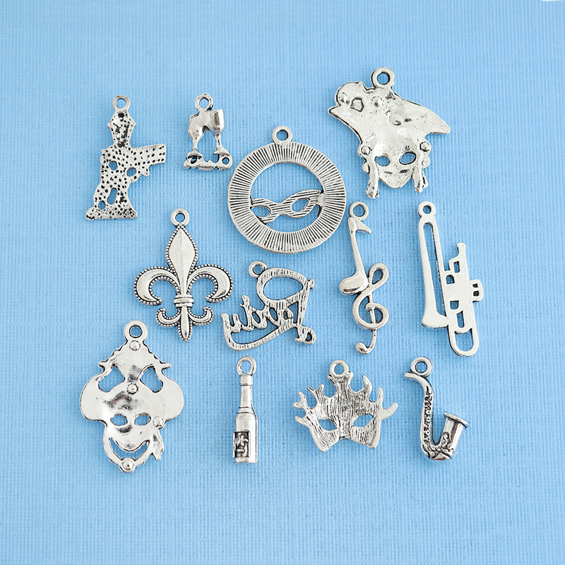 Mardi Gras Charm Collection Antique Silver Tone 12 Different Charms - COL303