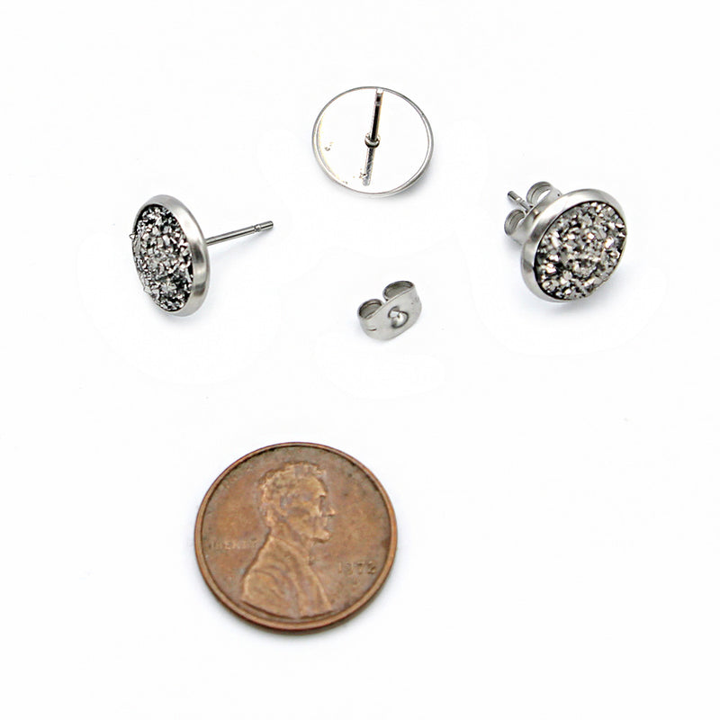 Silver Druzy Earrings - Stainless Steel Stud - 14mm - 2 Pieces 1 Pair - Z1657