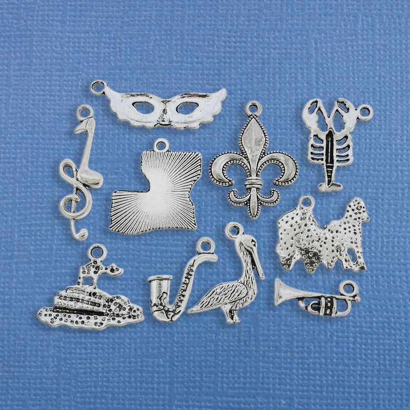 New Orleans Charm Collection Antique Silver Tone 9 Different Charms - COL173