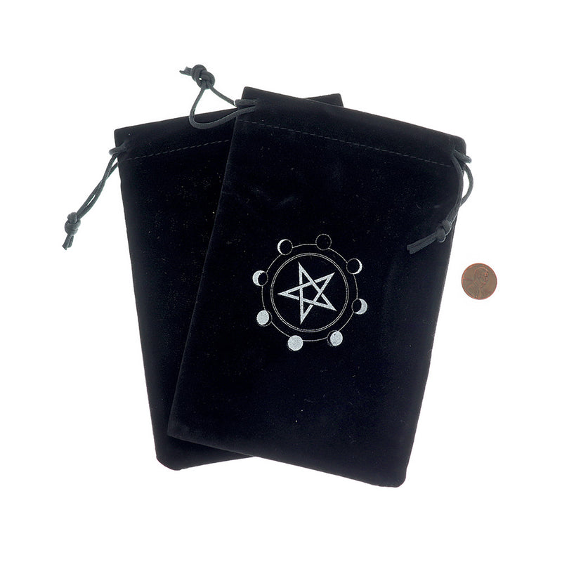 BULK 5 Velvet Drawstring Bags 18cm x 12cm Black with Pentagram and Moon Phase Jewelry Pouches - TL215