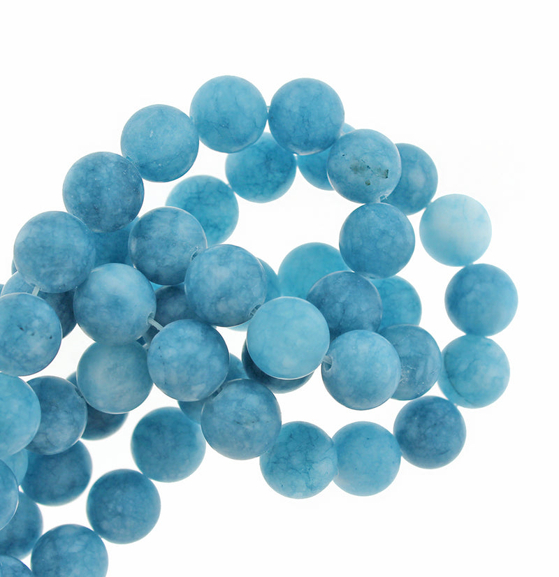 Perles rondes en jade blanc naturel 10 mm - Bleu acier givré - 1 rang 38 perles - BD1755