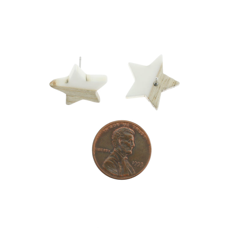 Boucles d'oreilles en bois en acier inoxydable - Clous d'étoiles en résine blanche - 18 mm x 17 mm - 2 pièces 1 paire - ER138