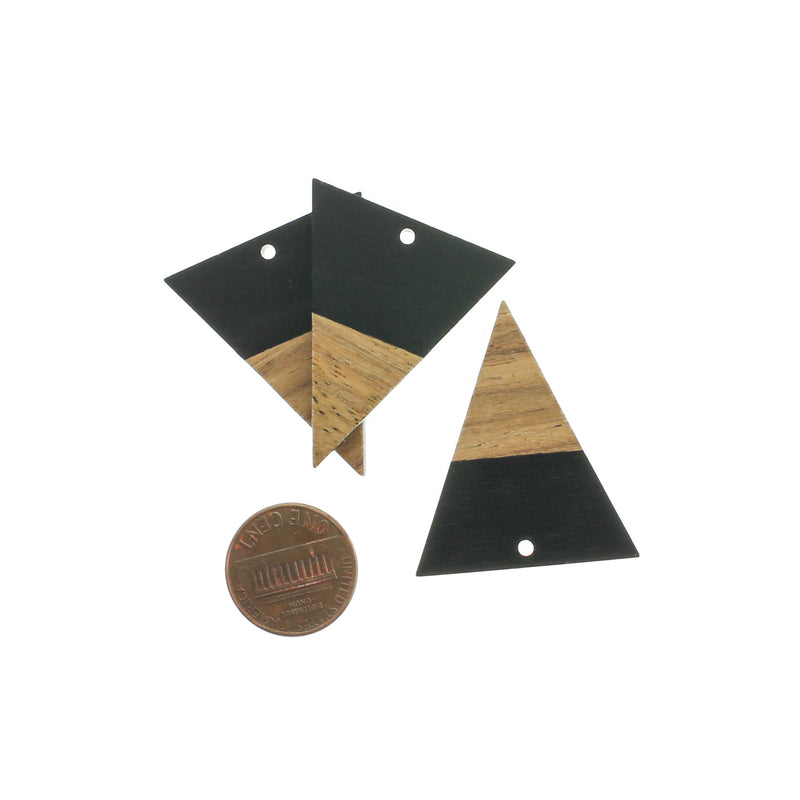 2 Triangle Natural Wood and Black Resin Charms 37mm - WP163
