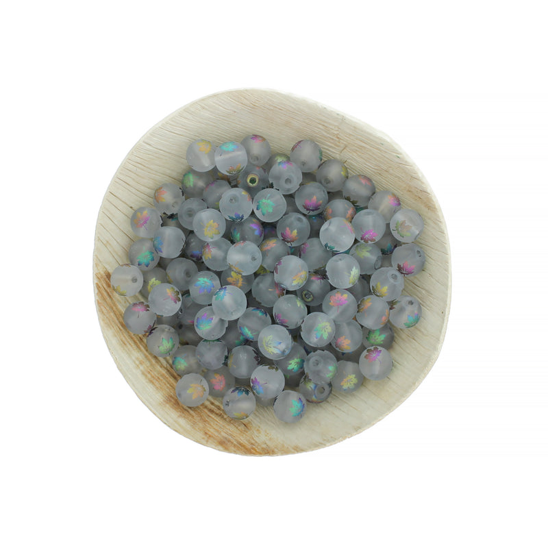 Perles de verre rondes 8 mm - Feuille d'érable galvanisée transparente givrée - 20 perles - BD301