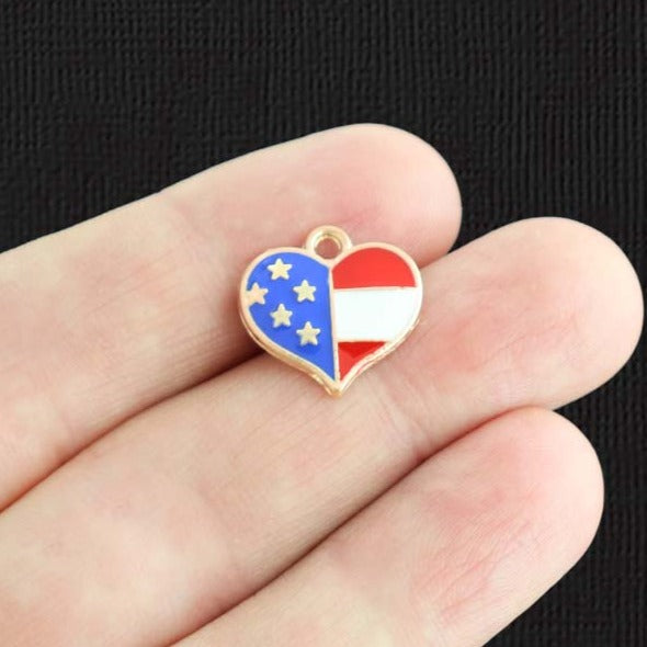 5 USA Flag Heart Gold Tone Enamel Charms - E1471