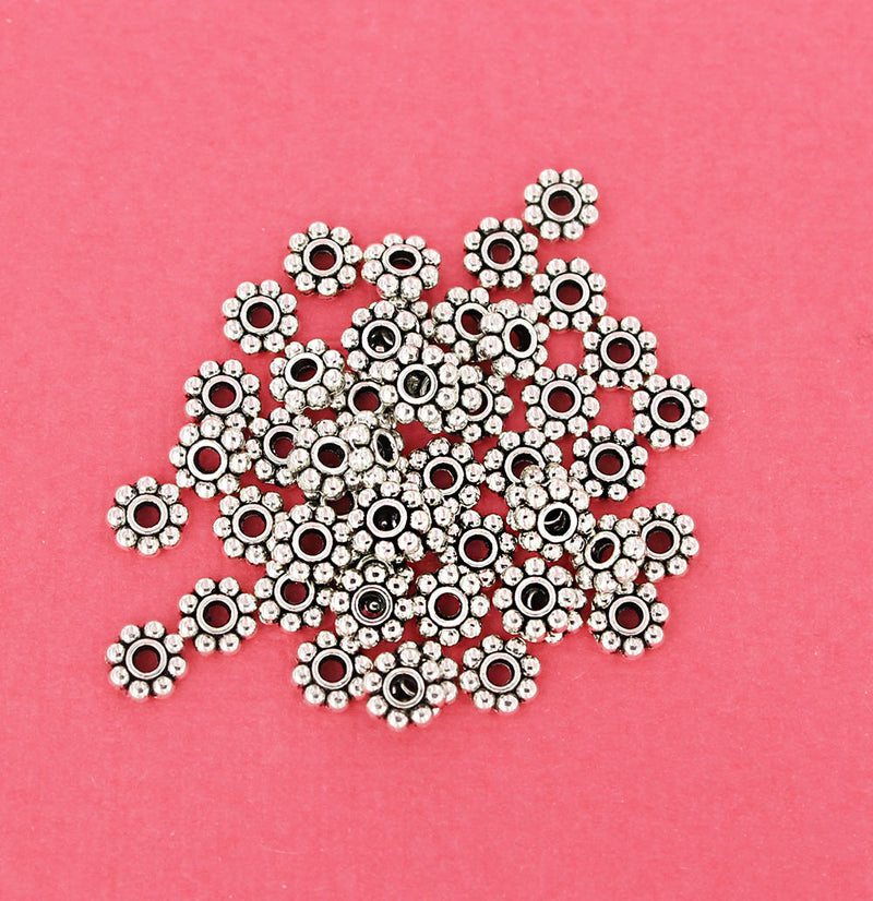 Daisy Spacer Beads 6mm - Silver Tone - 50 Beads - SC5558