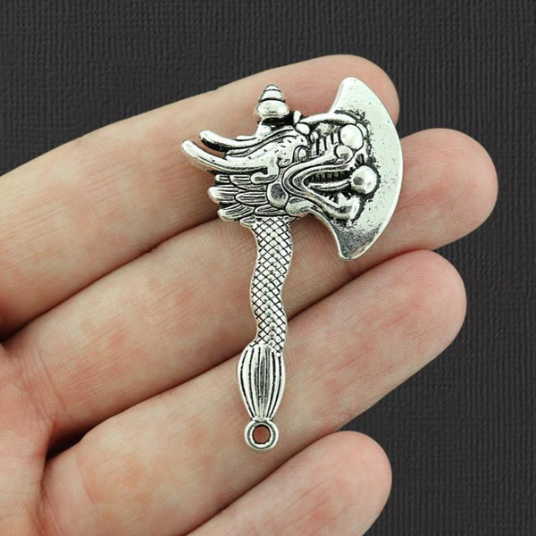 2 Dragon Axe Antique Silver Tone Charms 2 Sided - SC5826