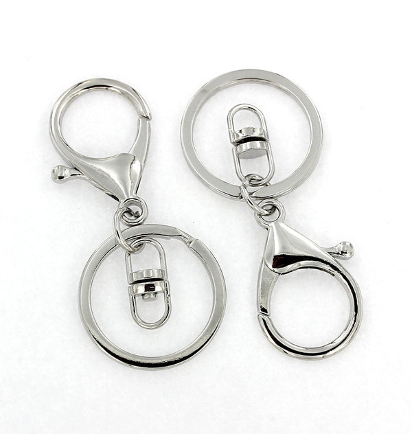 Silver Tone Key Rings with Lobster Clasp and Attached Swivel Clasp - 68mm x 30mm - 5 Pieces - FD064