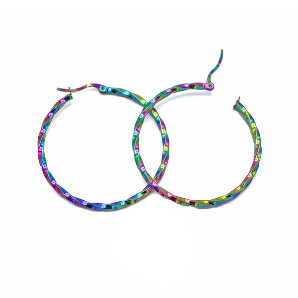 Boucles d'oreilles en acier inoxydable plaqué arc-en-ciel - Cerceau torsadé - 49 mm x 45 mm - 2 pièces 1 paire - FD918