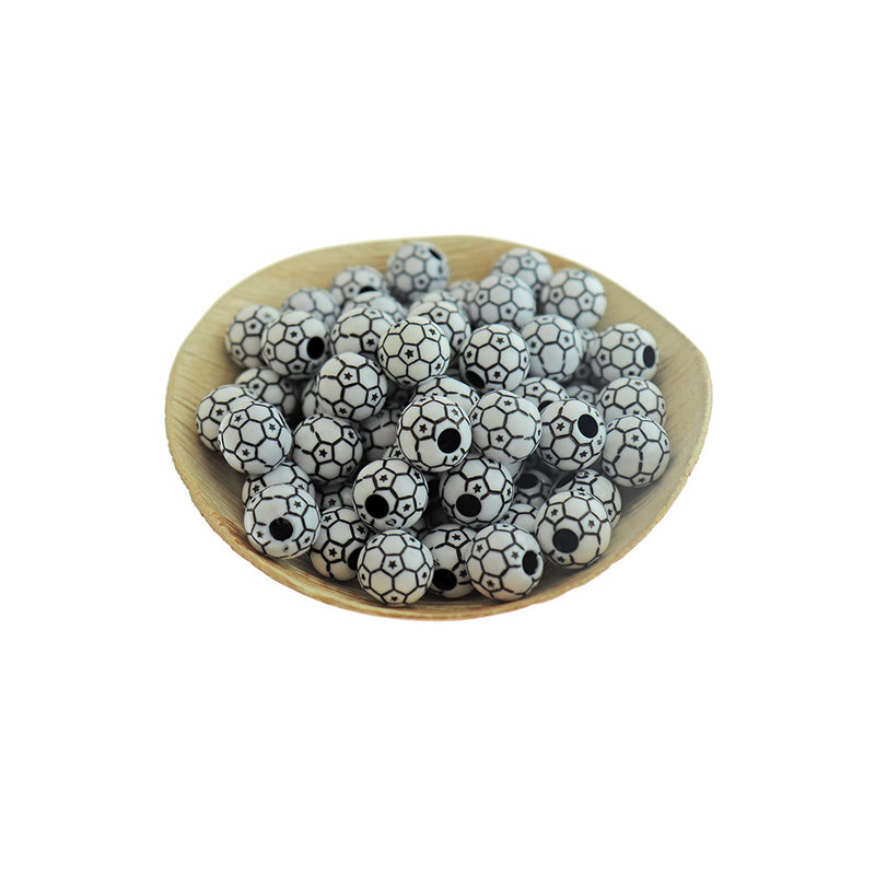 Perles Acryliques Rondes 10mm - Ballon de Foot - 20 Perles - BD1370