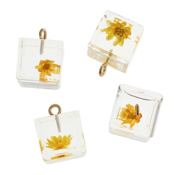 2 Yellow Dried Flower Resin Charms - K036