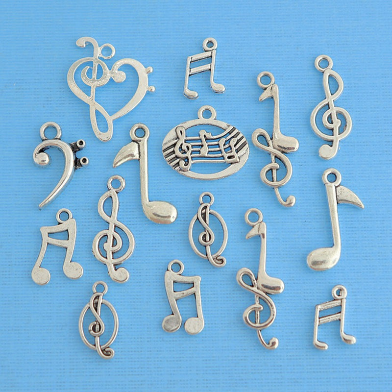 Music Notes Charm Collection Antique Silver Tone 15 Charms - COL268