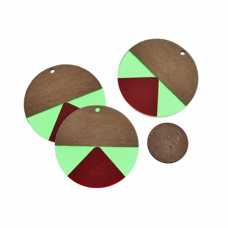 Round Natural Wood and Resin Charm 38mm - Green and Red - WP525