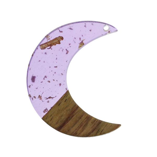 SALE Crescent Moon Natural Wood and Purple and Gold Resin Charm 38mm - WP329