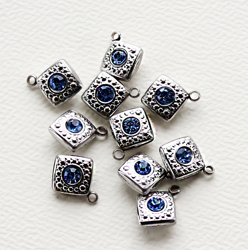 5 Stainless Steel Sapphire Blue Rhinestone Charm Pendants Two Sided - MT018