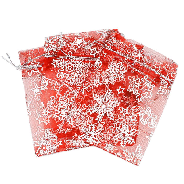 10 Red Snowflake Organza Drawstring Bags 12cm x 10cm - TL183