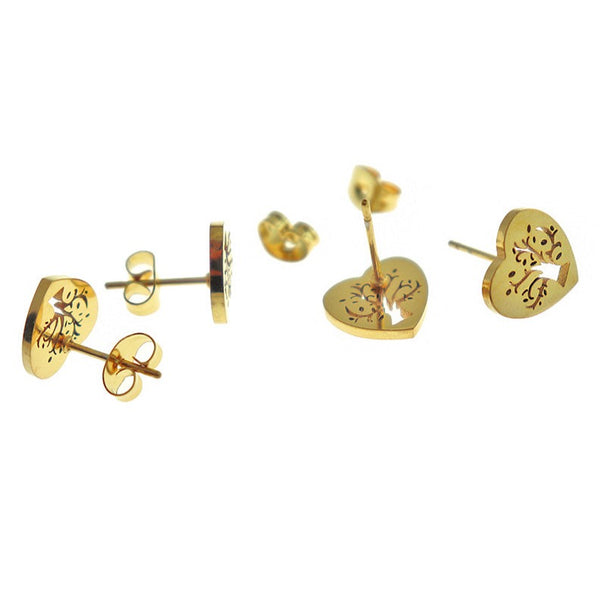 Boucles d'Oreilles Acier Inoxydable Doré - Clous Coeur Arbre de Vie - 11mm x 10mm - 2 Pièces 1 Paire - ER527