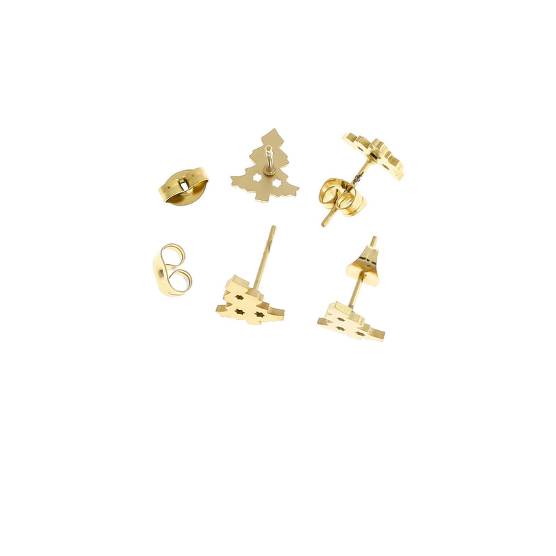 Boucles d'oreilles en acier inoxydable doré - Clous d'arbre de Noël - 10 mm x 9 mm - 2 pièces 1 paire - ER396