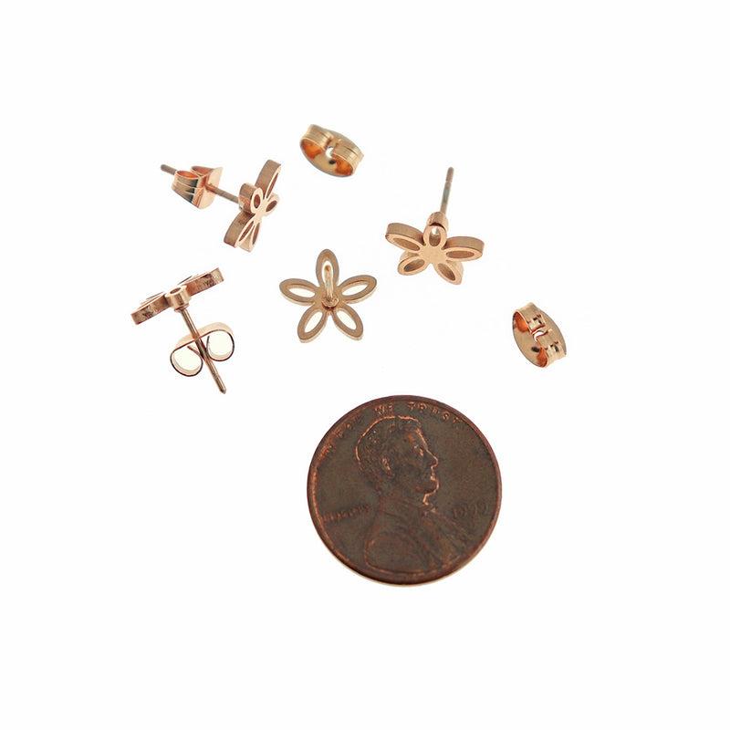 Rose Gold Stainless Steel Earrings - Flower Studs - 10mm - 2 Pieces 1 Pair - ER439