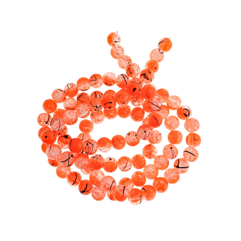 Round Glass Beads 10mm - Clear and Orange with Black - 1 Strand 84 Beads - BD601