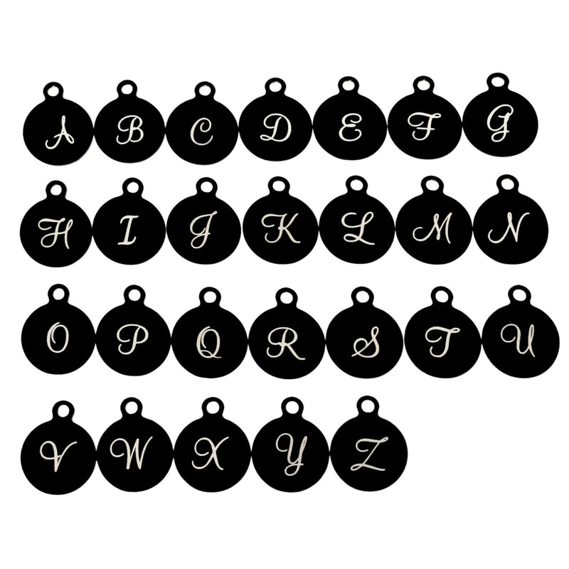 Black Stainless Steel Letter Charms - Full Alphabet 26 Letters - Uppercase Script Alphabet - Smaller Size - ALPHA3200BFSBK