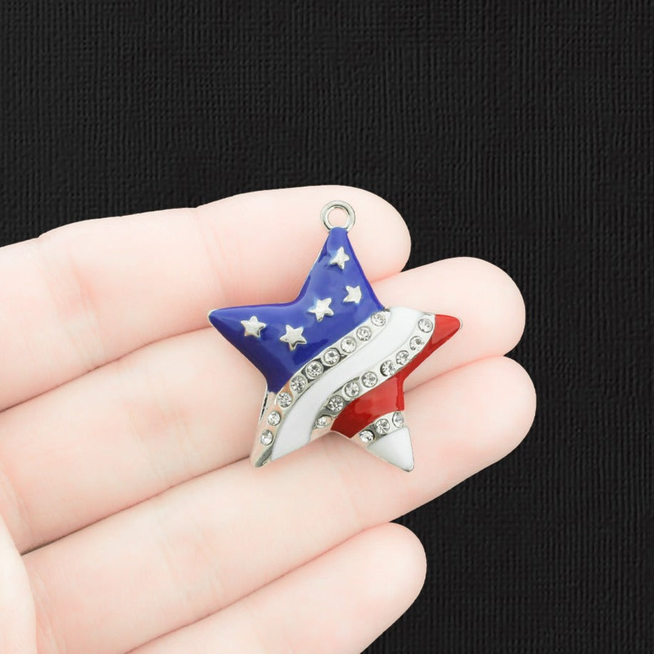 American Flag Star Silver Tone Enamel Charms with Inset Rhinestones - E1535
