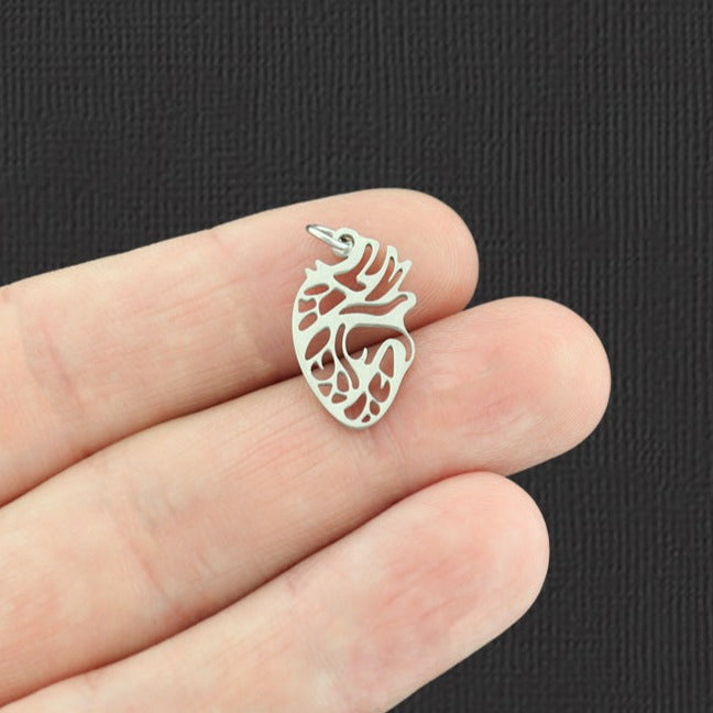 Anatomical Heart Silver Tone Stainless Steel Charm 2 Sided - SSP195