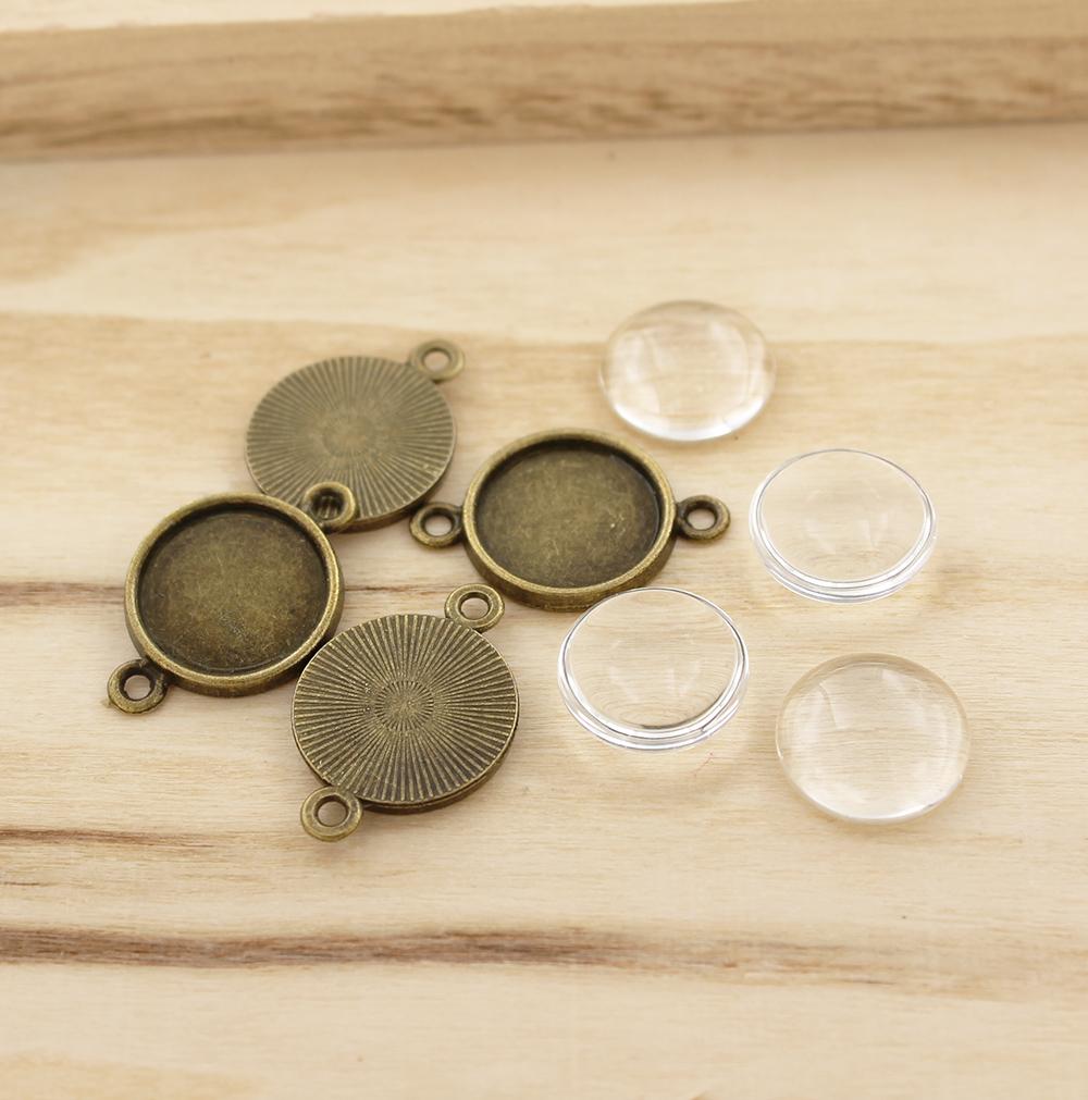 Antique Bronze Tone Cabochon Connectors - 14mm Tray - with Glass Dome Seals - 10 Sets 20 Pieces - Z835