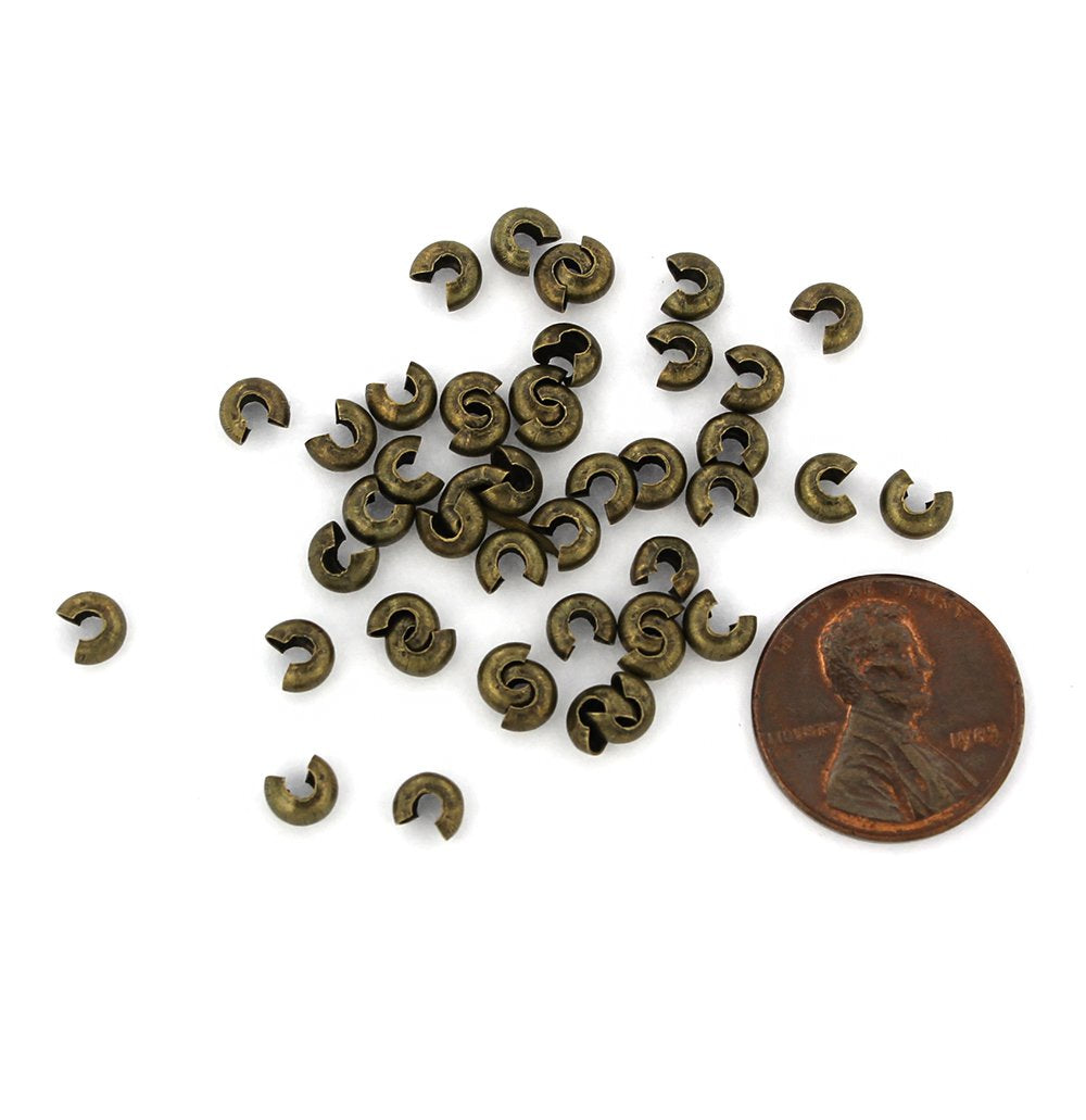 Antique Bronze Tone Crimp Bead Covers - 5mm Open, 4mm Closed - 100 Pieces - FD624