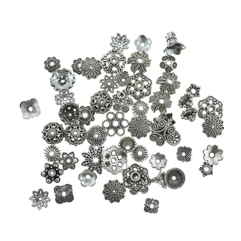Antique Silver Tone Assorted Bead Caps - 8 - 15mm - 30 Pieces - FD855