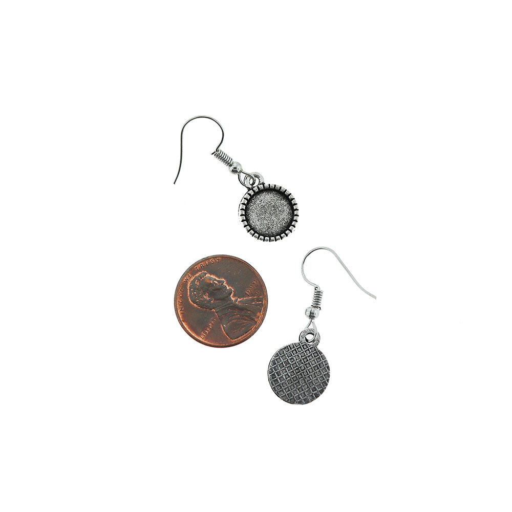 Antique Silver Tone Cabochon Earrings - French Hook - 10mm Tray - 4 Pieces 2 Pairs - Z1147