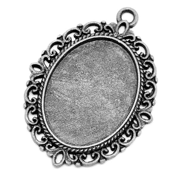 Antique Silver Tone Oval Cabochon Settings - 25mm x 18mm Tray - 5 Pieces - Z042