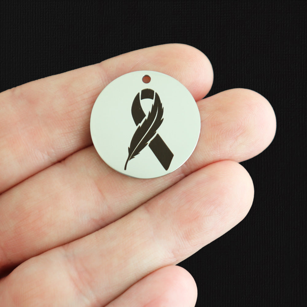 Awareness Ribbon Feather Stainless Steel 25mm Round Charms - BFS009-8012