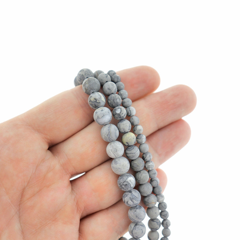 Round Natural Picasso Jasper Beads 4mm - 8mm - Choose Your Size - Frosted Grey Marble - 1 Full 15" Strand - BD1346
