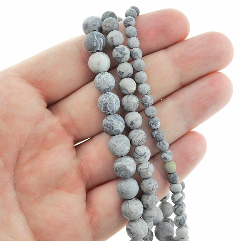 Round Natural Picasso Jasper Beads 4mm - 8mm - Choose Your Size - Frosted Grey Marble - 1 Full 15" Strand - BD1346