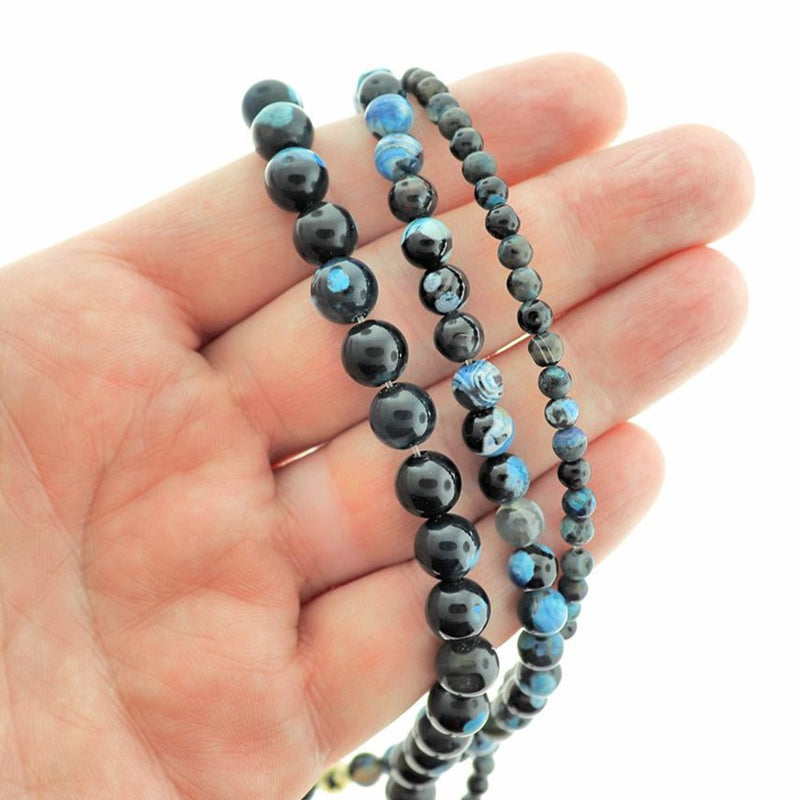 Perles d'agate de feu naturelles rondes 4mm - 8mm - Choisissez votre taille - Bleu et Noir - 1 brin complet de 14,92" - BD1711