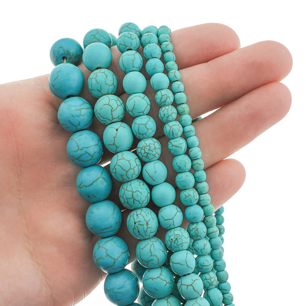 Perles rondes de turquoise naturelle 4mm - 12mm - Choisissez votre taille - Turquoise polie - 1 brin complet de 15,7" - BD1816